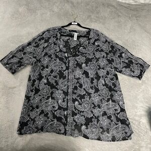 Catherines Semi Sheer Tunic Top Women 3X 26/28W Black White Floral Sequin Mature